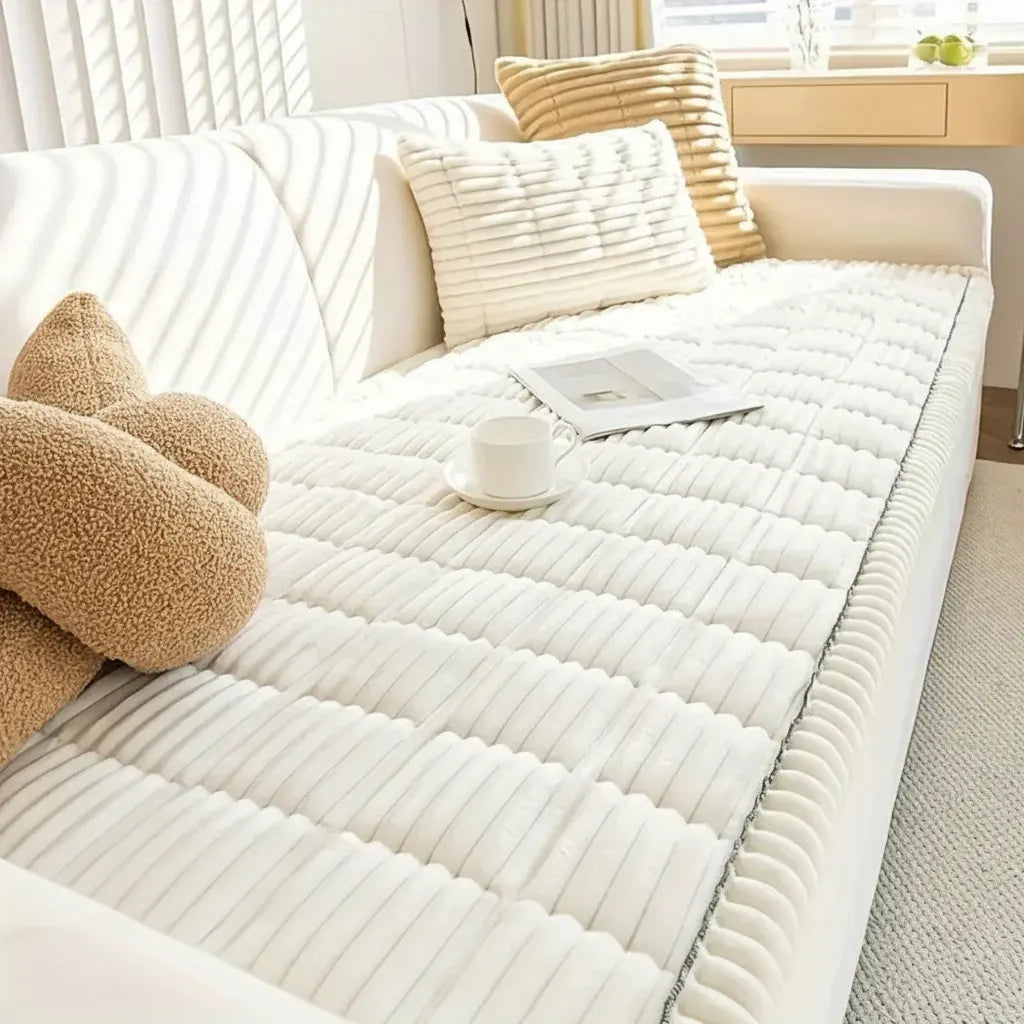 Pleated Edge Plush Sofa Slipcover for Cushioned Comfort & Protection