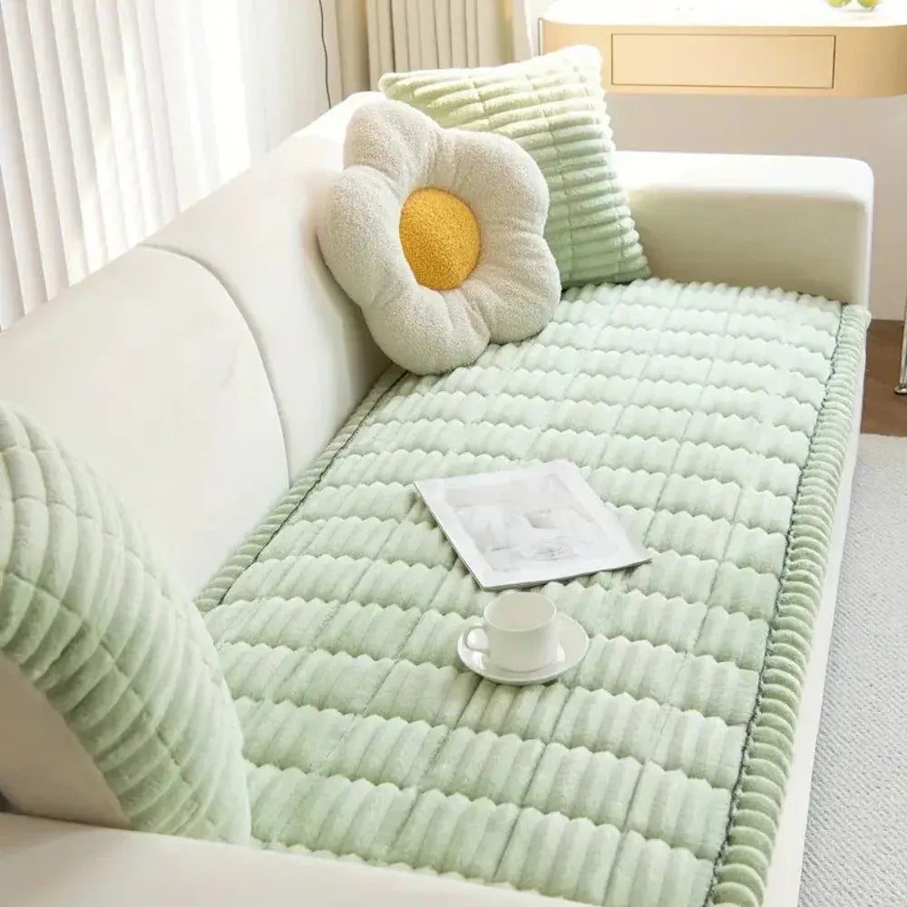 Pleated Edge Plush Sofa Slipcover for Cushioned Comfort & Protection