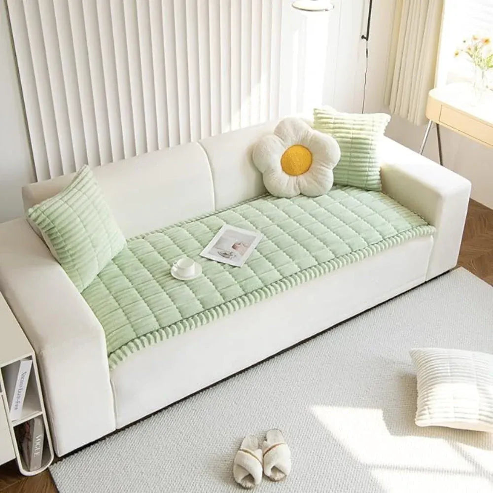 Pleated Edge Plush Sofa Slipcover for Cushioned Comfort & Protection