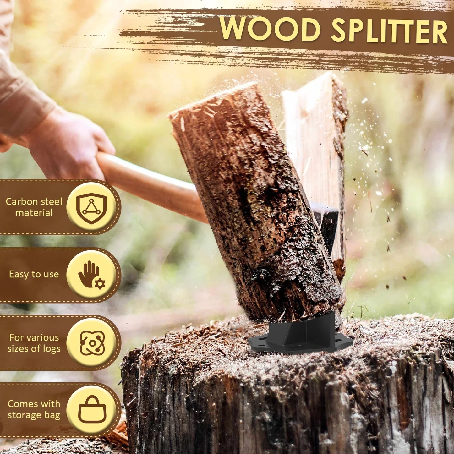 Portable Carbon Steel Log Splitter Tool with Cloth Carrying Bag