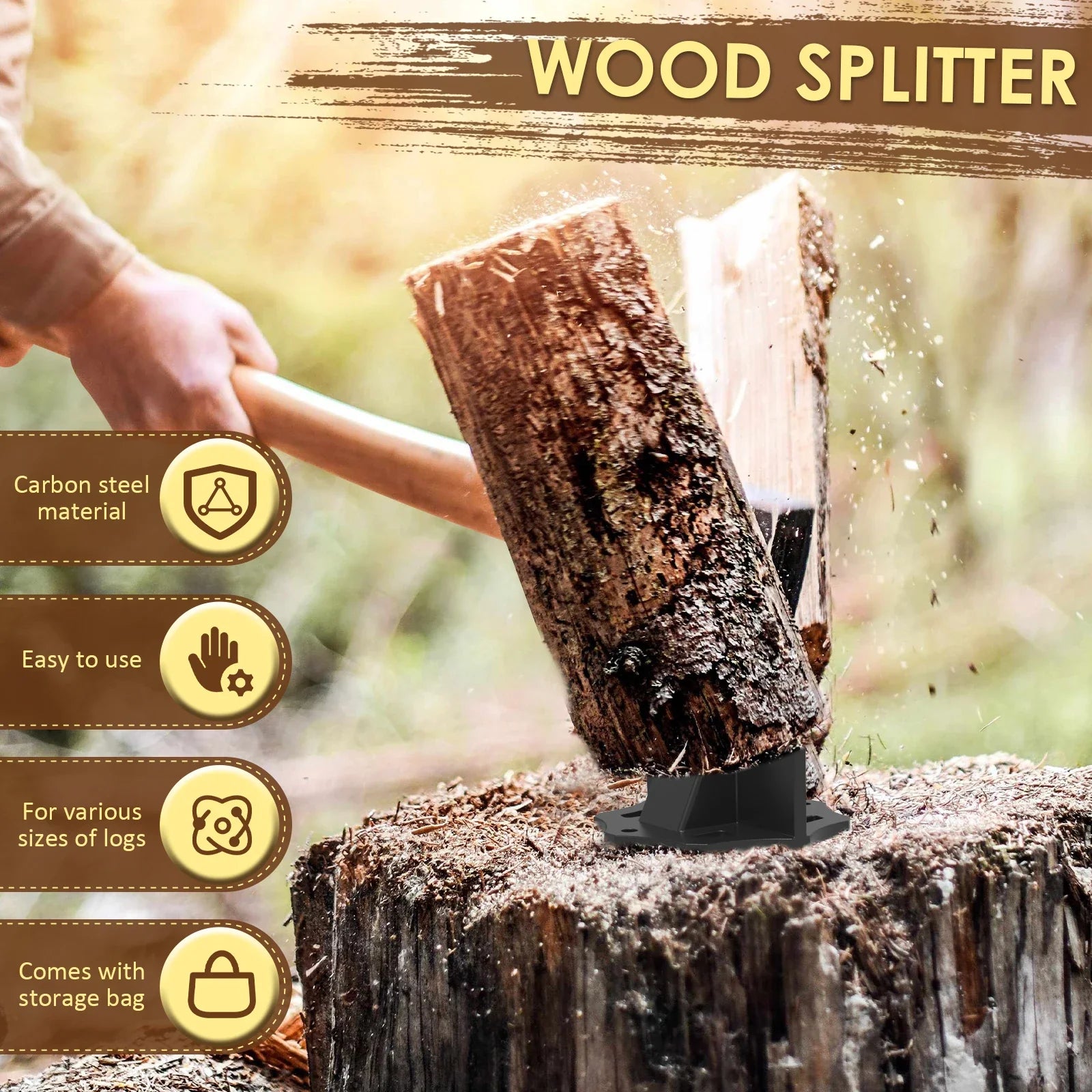 Portable Carbon Steel Log Splitter Tool with Cloth Carrying Bag