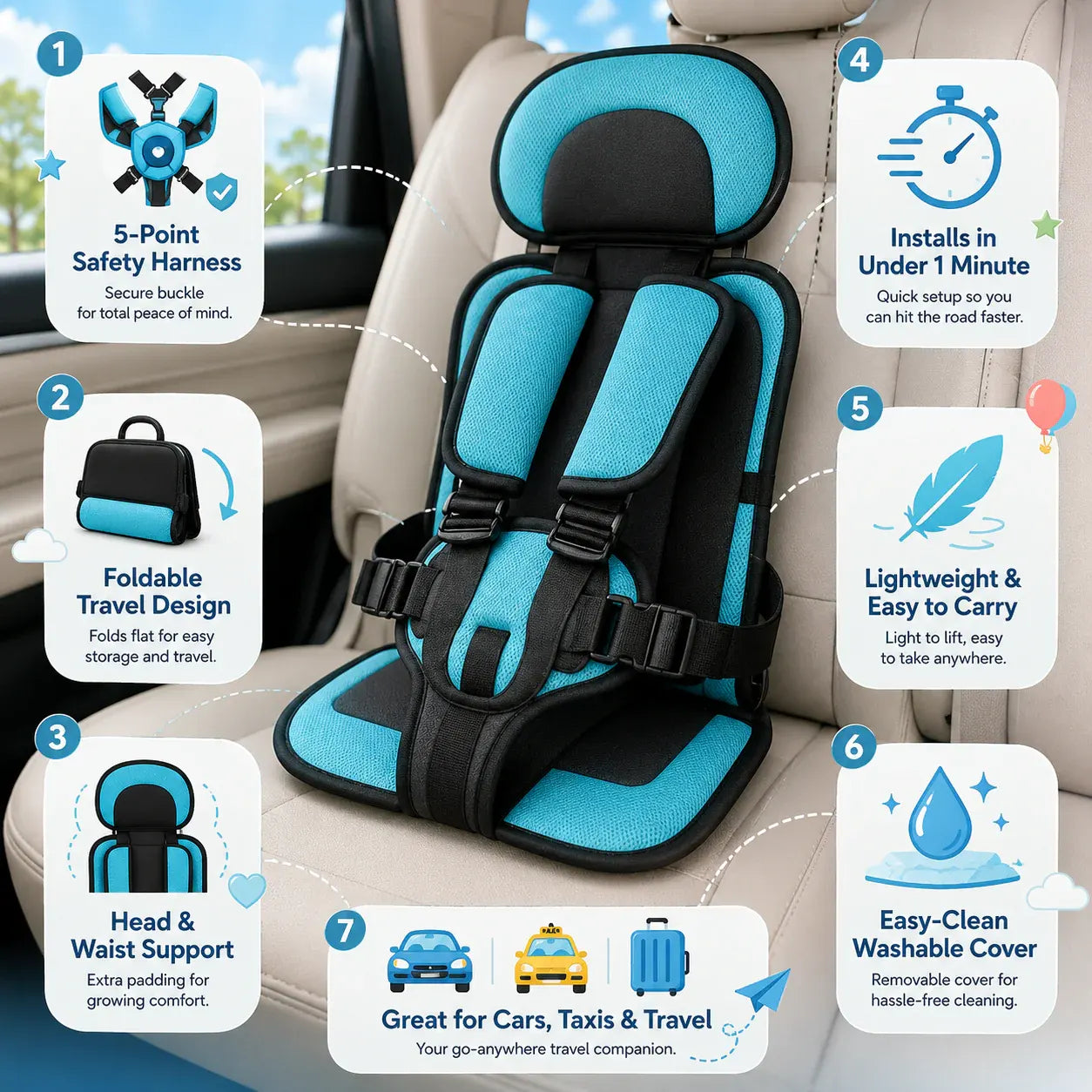 Portable Child Booster with Travel Safety Harness for Car Seats
