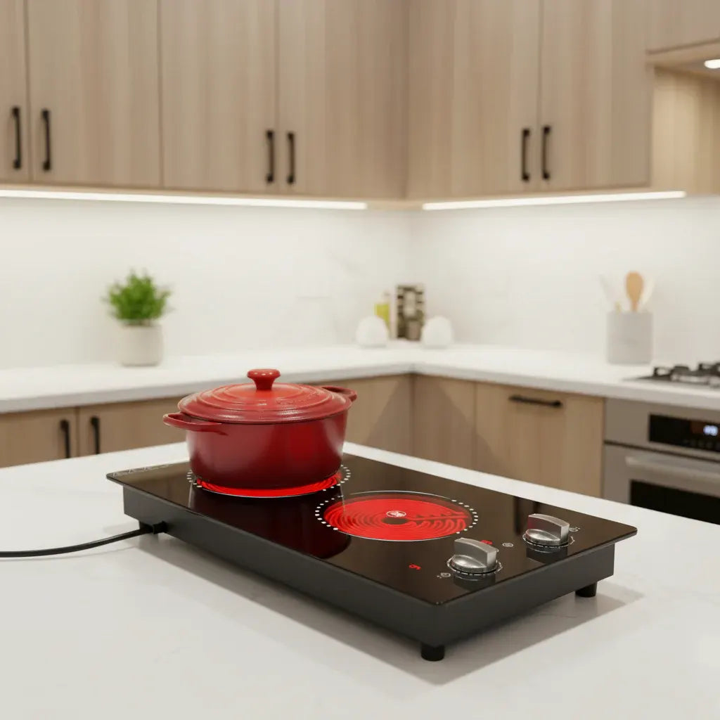 Portable Dual Burner Electric Cooktop with Knob Control