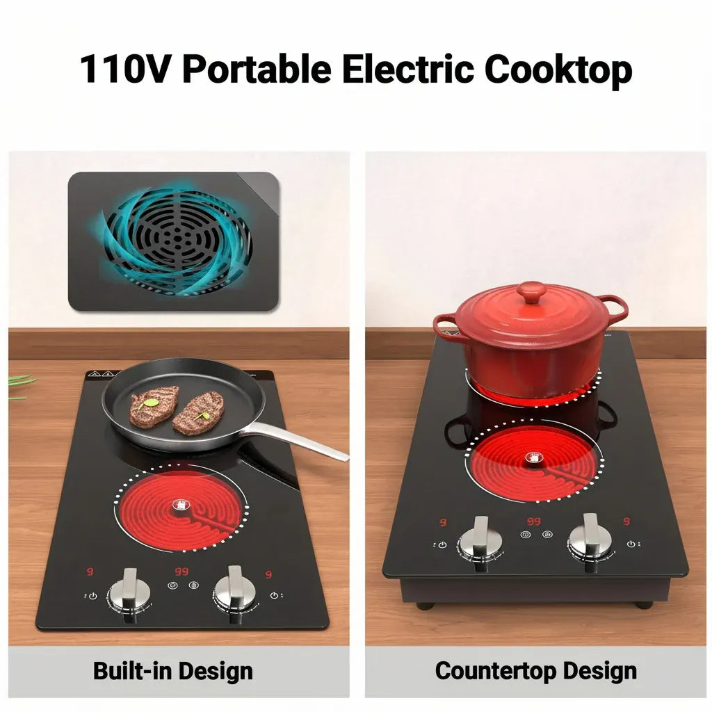 Portable Dual Burner Electric Cooktop with Knob Control