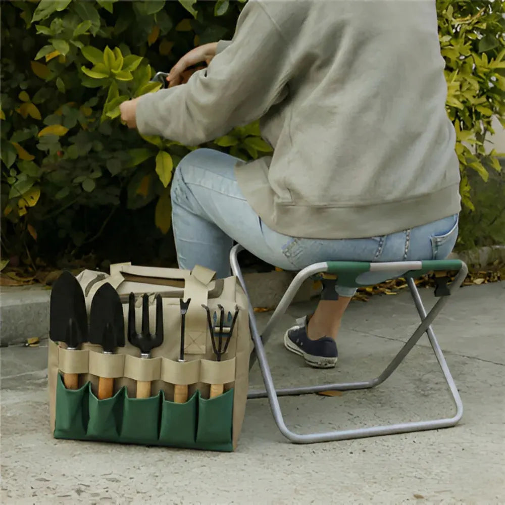 Portable Folding Garden Seat with Tool Set Storage