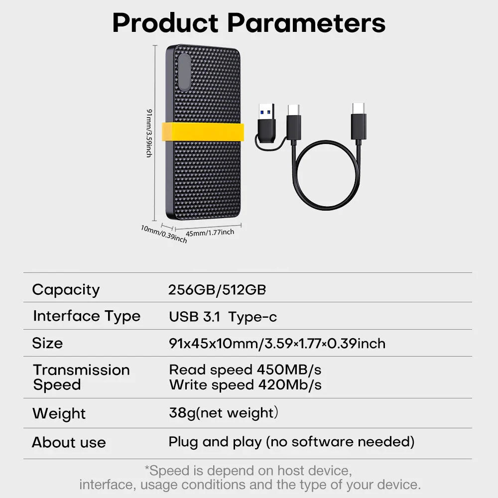 Portable Mini SSD USB 3.1 Type-C External Storage Drive