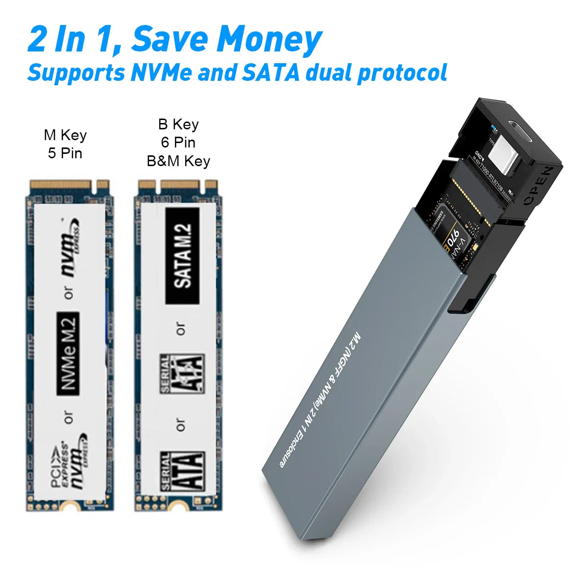 Portable NVMe/SATA SSD Enclosure - USB C External Storage Case