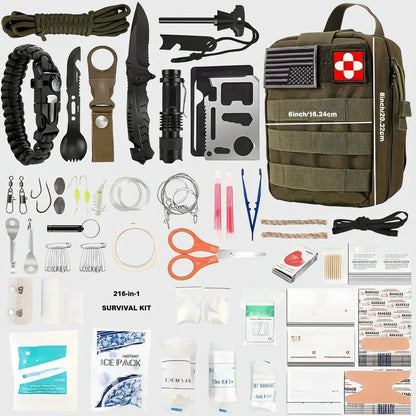Portable Outdoor First Aid Kit with Survival Gear and Compact Backpack