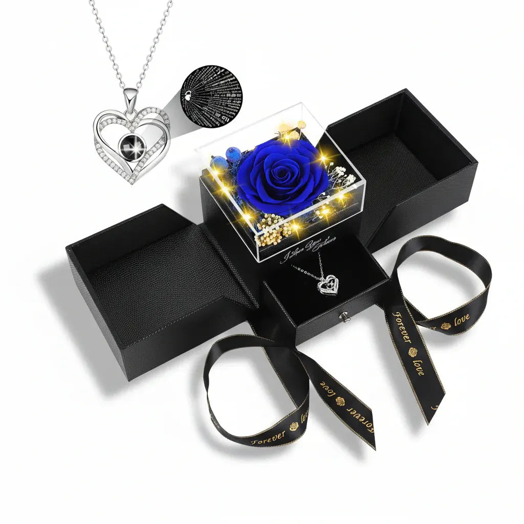 Preserved Eternal Rose Gift Box with LED Light Love Pendant Necklace