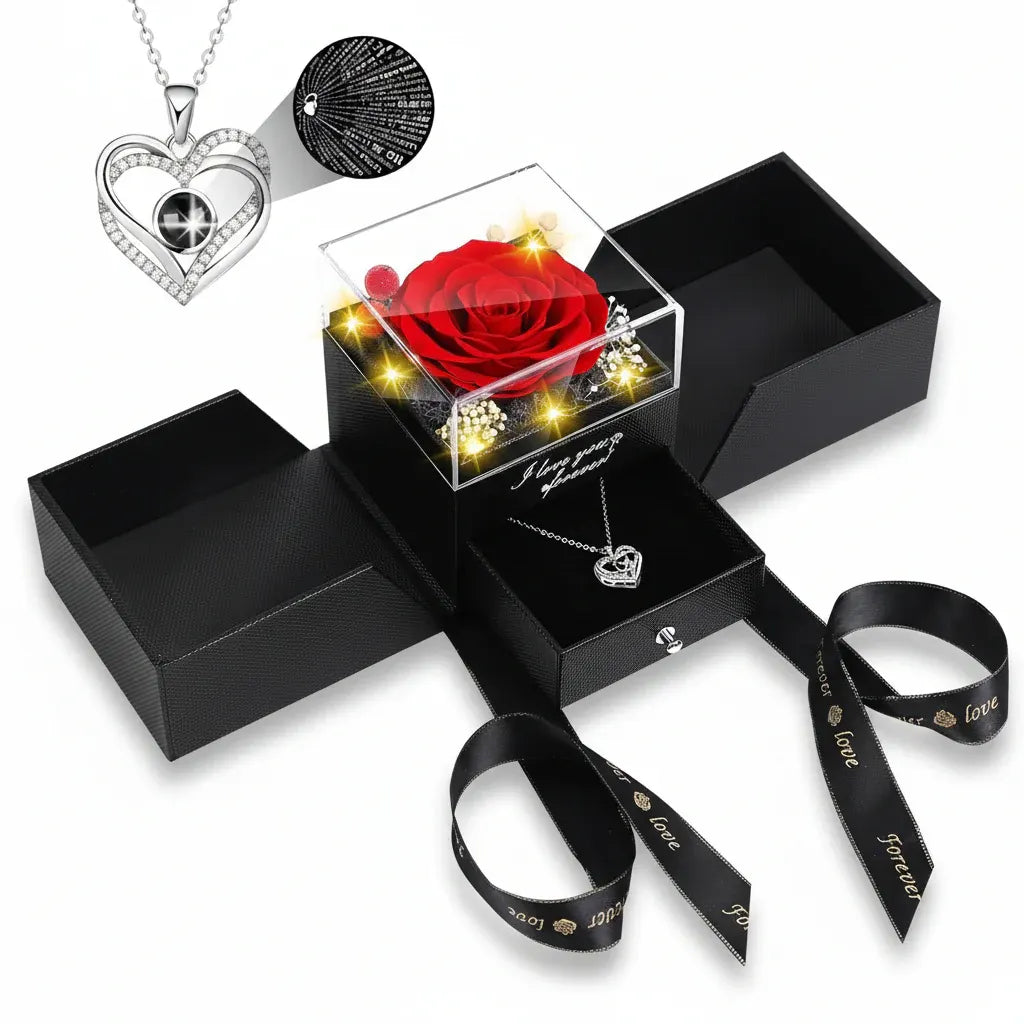 Preserved Eternal Rose Gift Box with LED Light Love Pendant Necklace