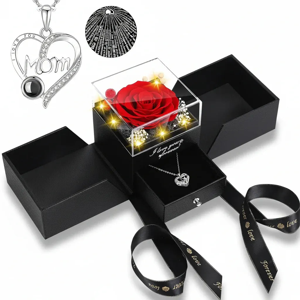 Preserved Eternal Rose Gift Box with LED Light Love Pendant Necklace