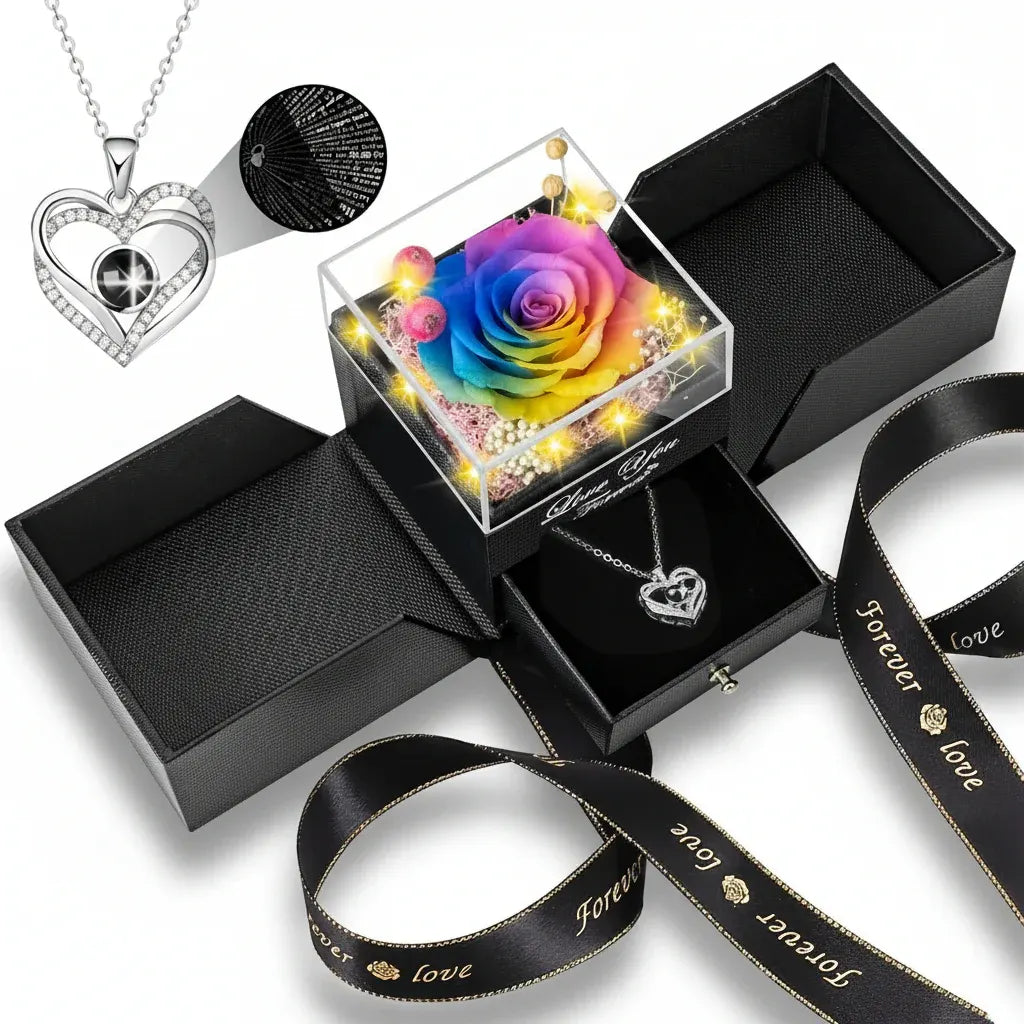 Preserved Eternal Rose Gift Box with LED Light Love Pendant Necklace