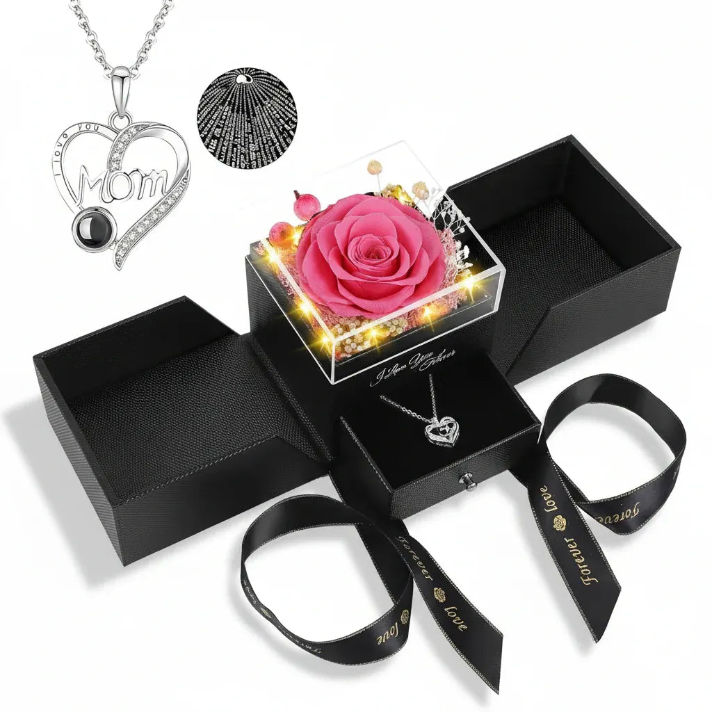 Preserved Eternal Rose Gift Box with LED Light Love Pendant Necklace