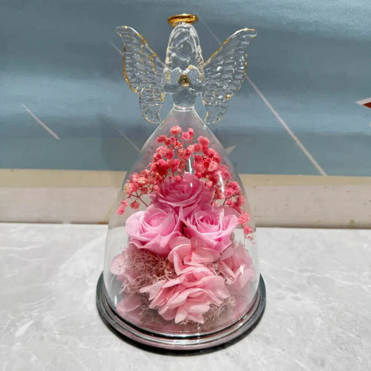 Preserved Rose Angel Light Glass Dome Flower Gift Display