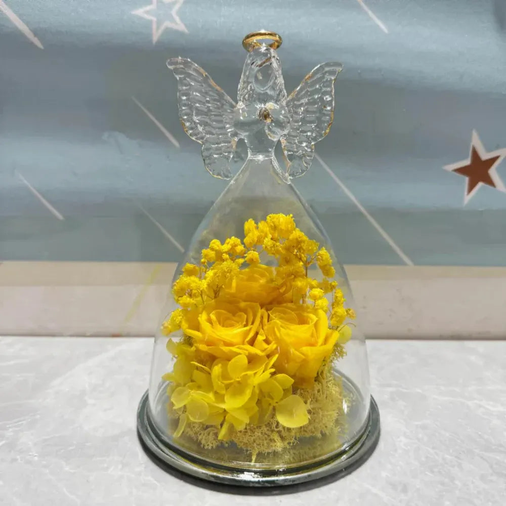 Preserved Rose Angel Light Glass Dome Flower Gift Display