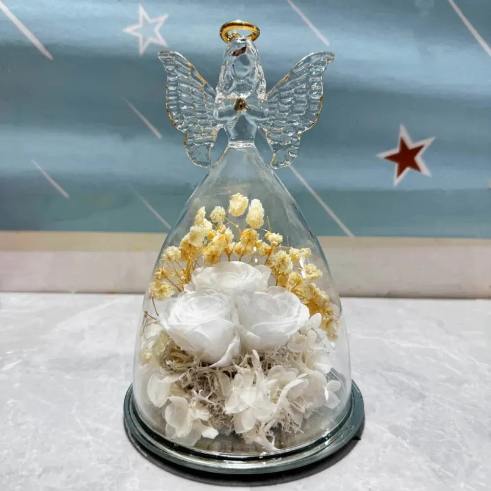 Preserved Rose Angel Light Glass Dome Flower Gift Display