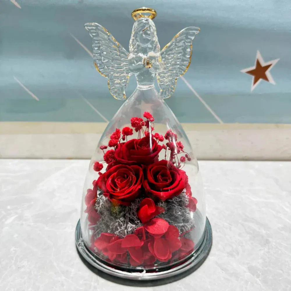 Preserved Rose Angel Light Glass Dome Flower Gift Display