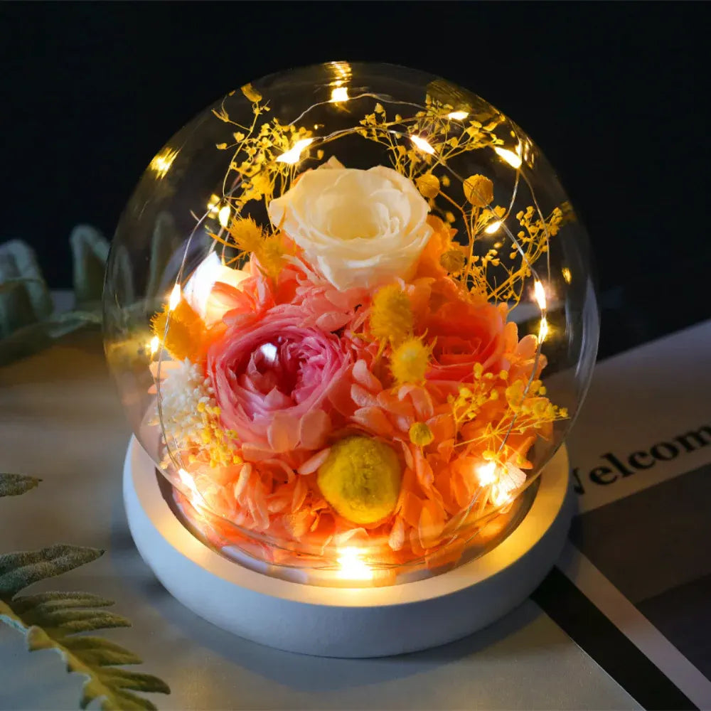 Preserved Rose Flower Dome with LED Light – Mother's Day Table Decor Gift