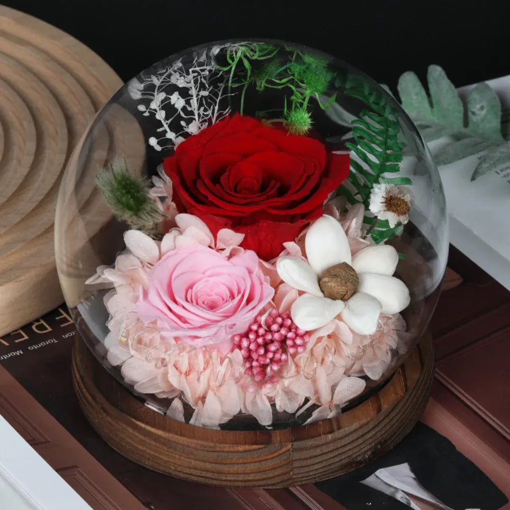 Preserved Rose Flower Dome with LED Light – Mother's Day Table Decor Gift