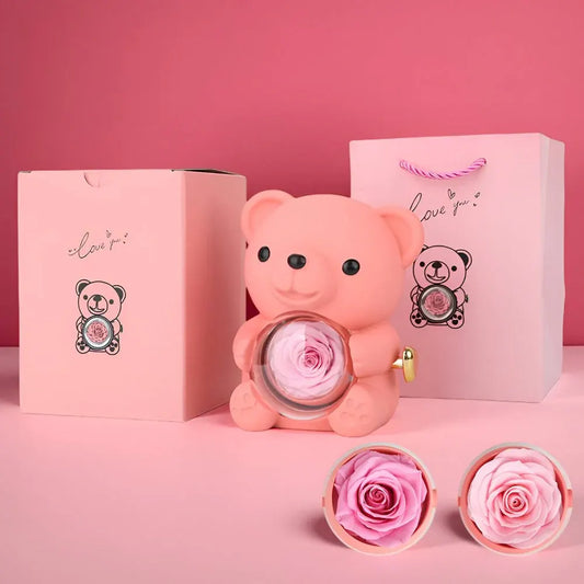 Preserved Rose Teddy Bear Jewelry Gift Box Display
