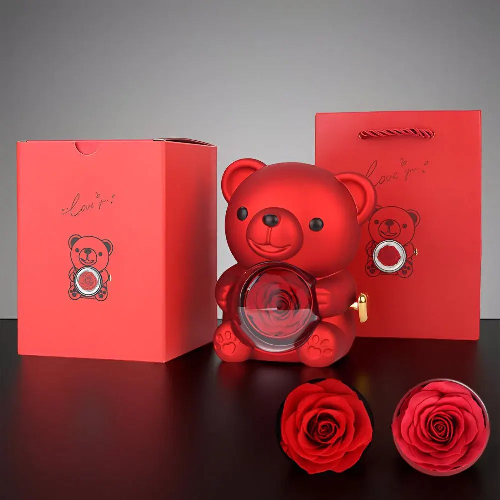Preserved Rose Teddy Bear Jewelry Gift Box Display