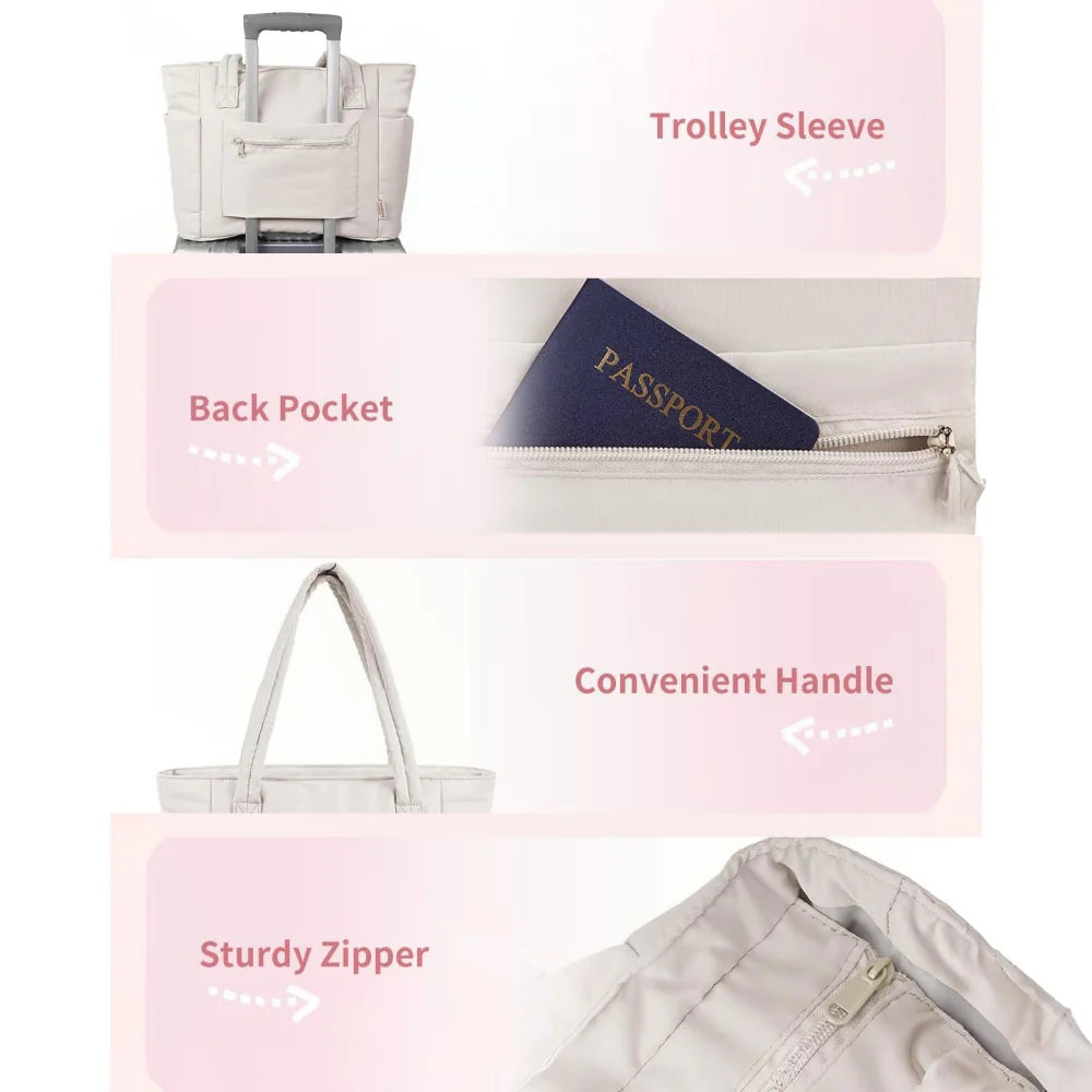 Quilted Puffer Tote Bag with Laptop Sleeve & Travel Organizer for Women
