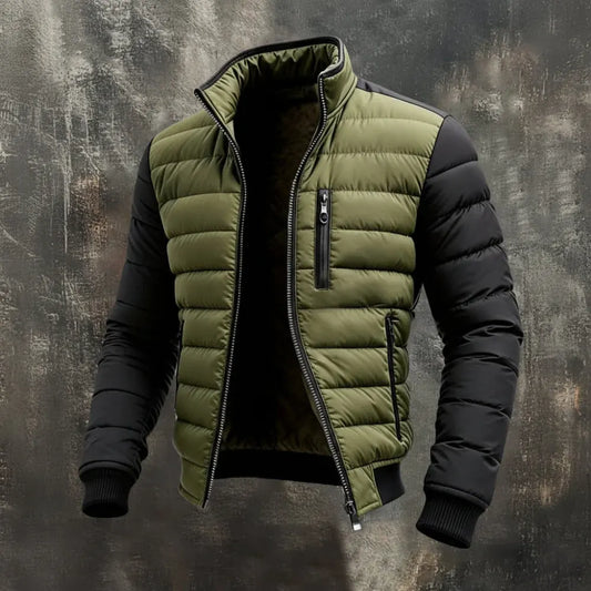 Quilted Puffer Winter Coat with Contrast Sleeves and Front Zip Closure