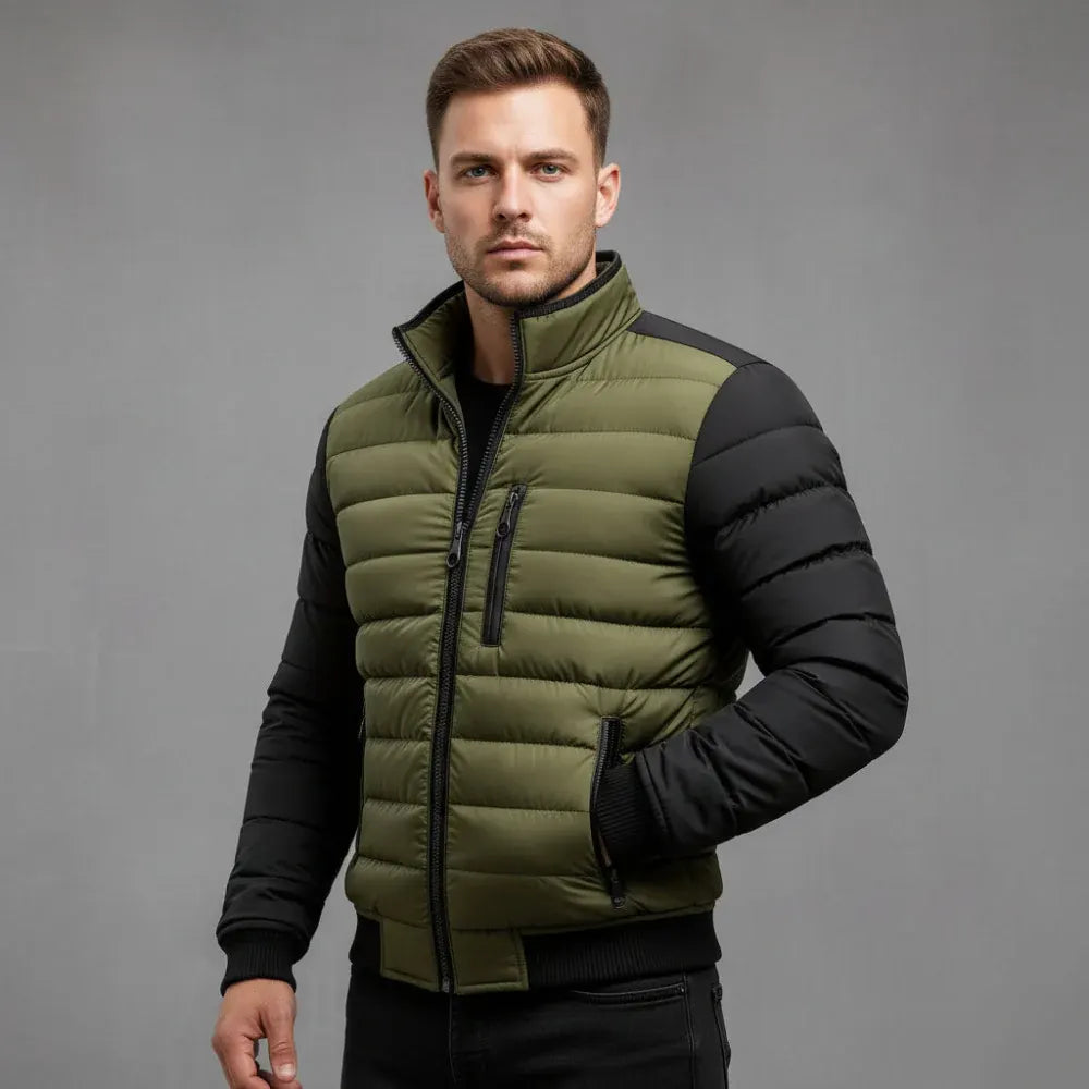 Quilted Puffer Winter Coat with Contrast Sleeves and Front Zip Closure