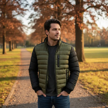 Quilted Puffer Winter Coat with Contrast Sleeves and Front Zip Closure
