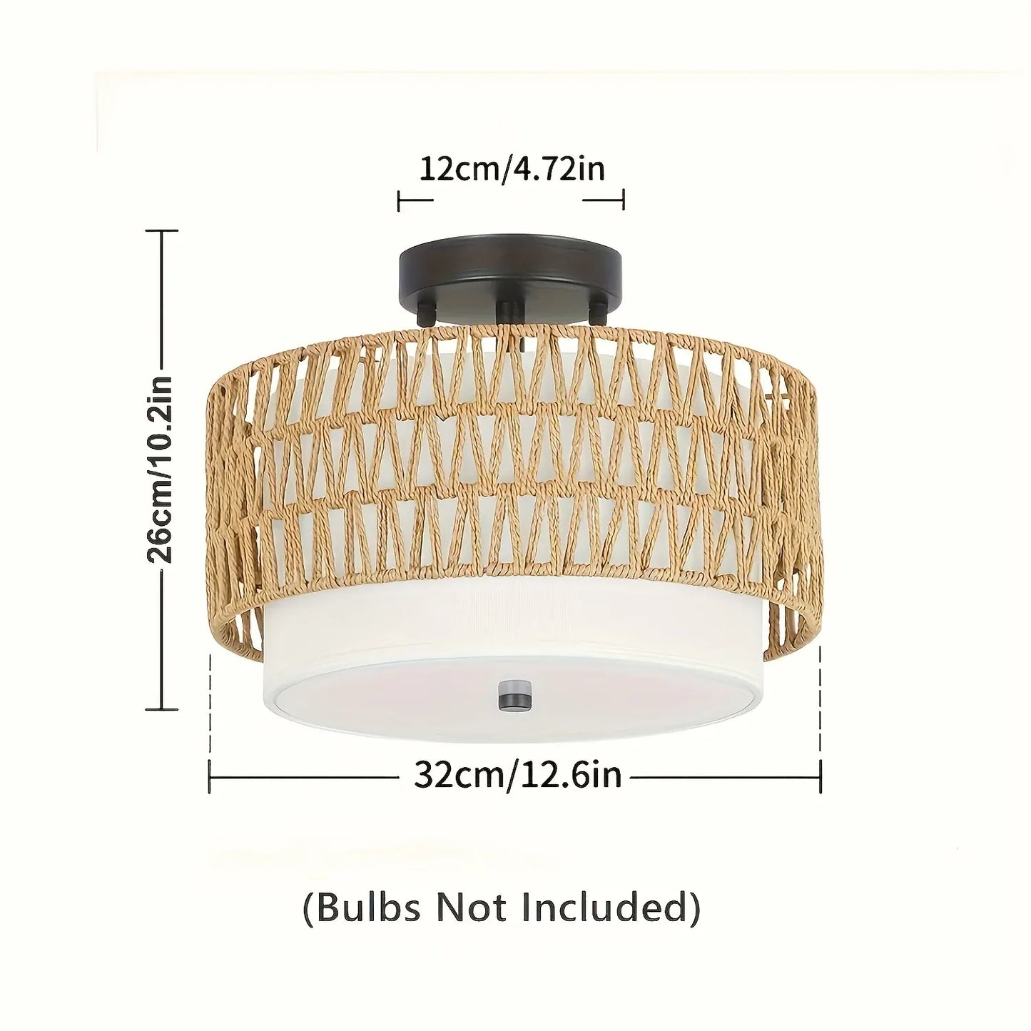 Rattan Semi-Flush Ceiling Light with Linen Shade – Boho Style