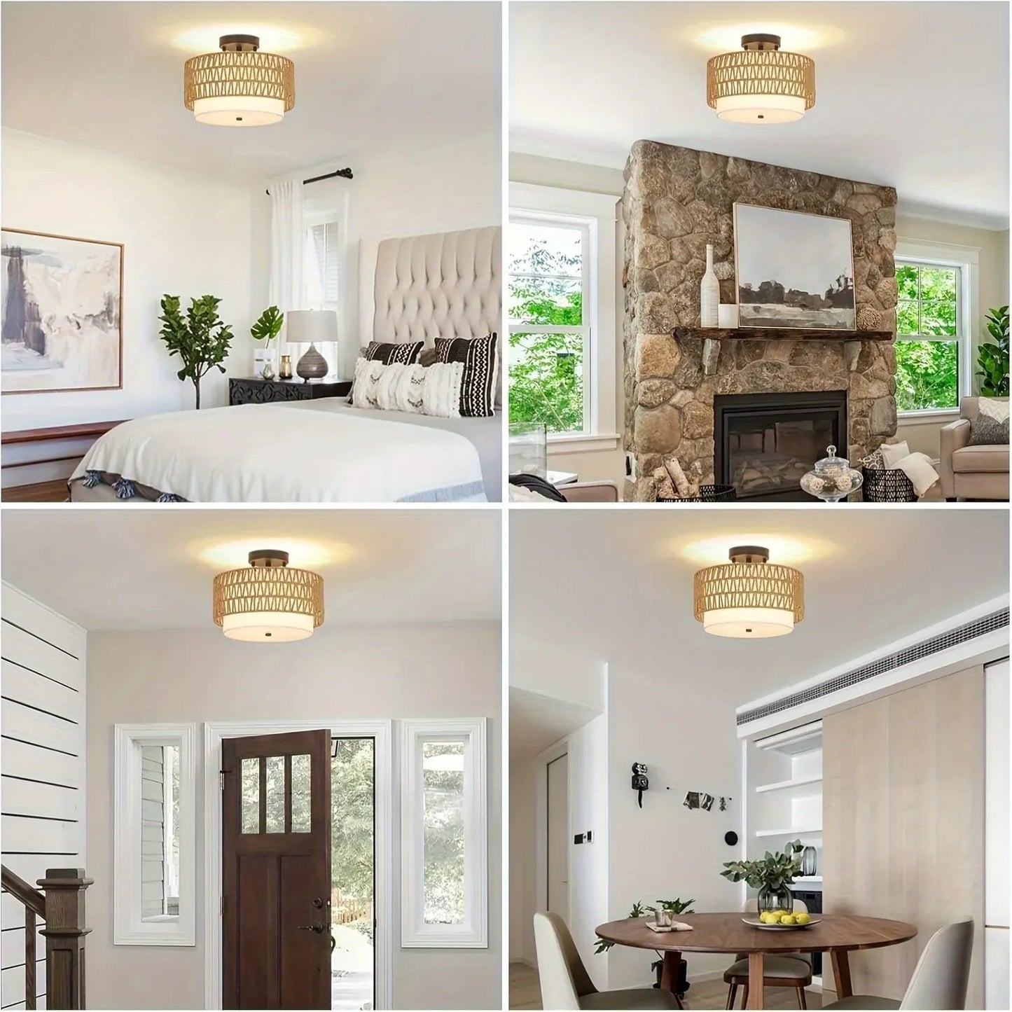 Rattan Semi-Flush Ceiling Light with Linen Shade – Boho Style