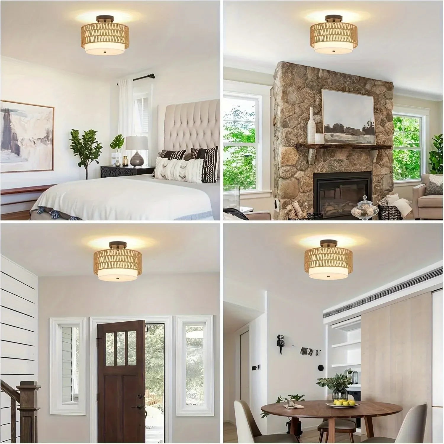 Rattan Semi-Flush Ceiling Light with Linen Shade – Boho Style