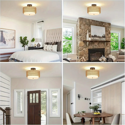 Rattan Semi-Flush Ceiling Light with Linen Shade – Boho Style