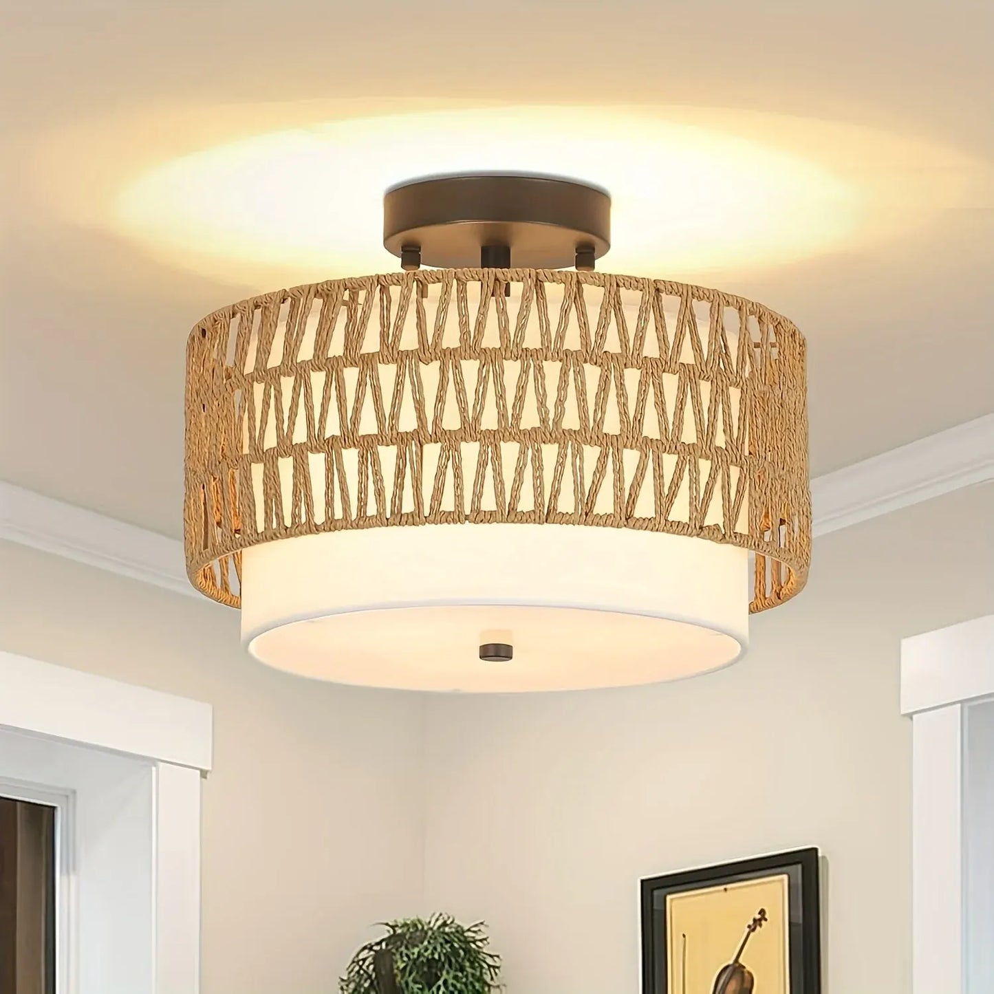 Rattan Semi-Flush Ceiling Light with Linen Shade – Boho Style