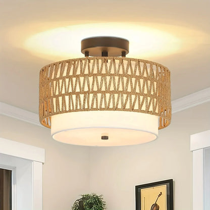 Rattan Semi-Flush Ceiling Light with Linen Shade – Boho Style