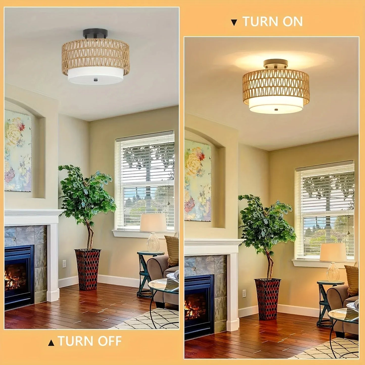 Rattan Semi-Flush Ceiling Light with Linen Shade – Boho Style