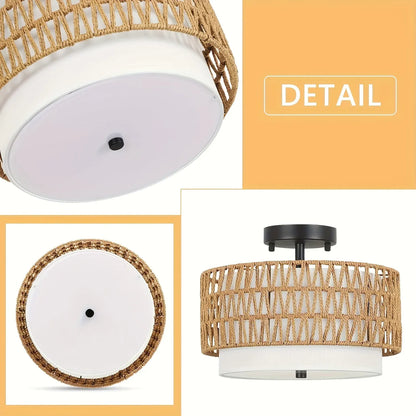 Rattan Semi-Flush Ceiling Light with Linen Shade – Boho Style