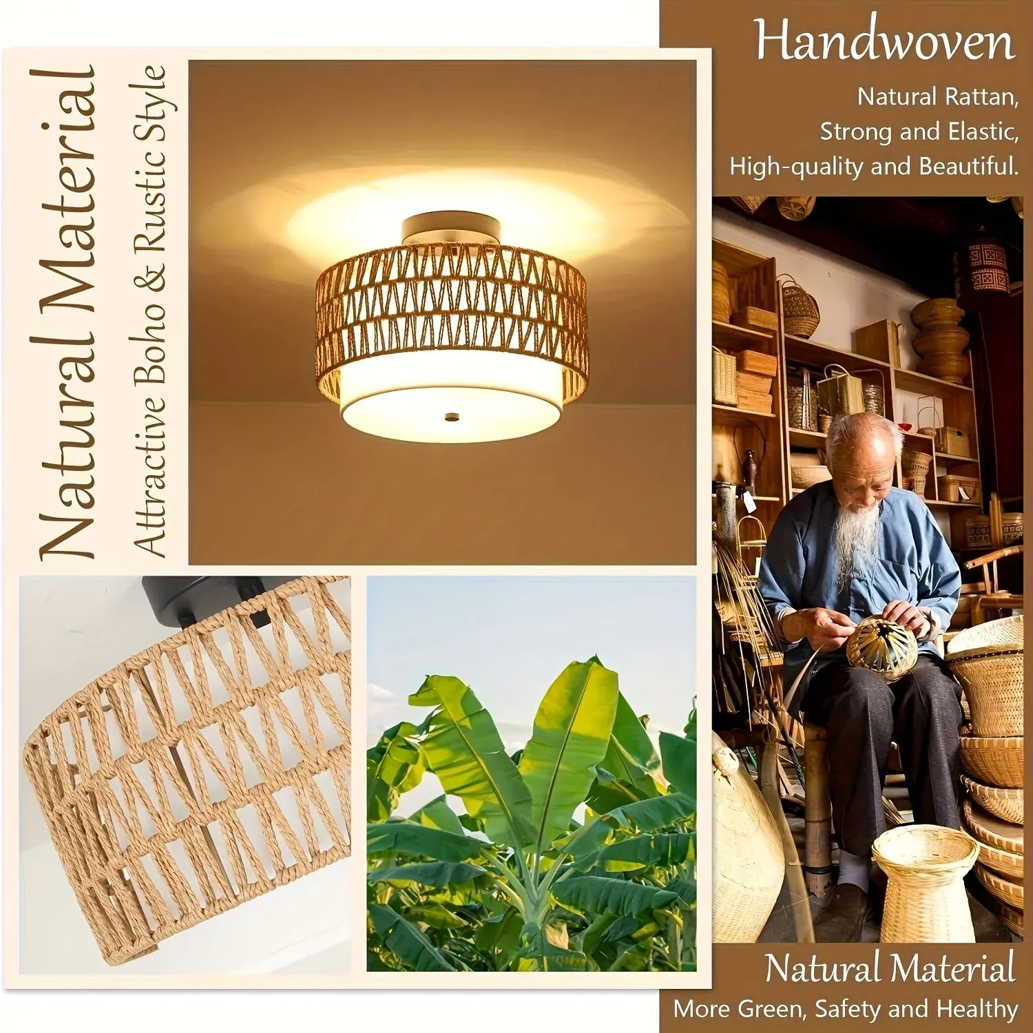 Rattan Semi-Flush Ceiling Light with Linen Shade – Boho Style