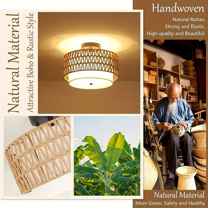 Rattan Semi-Flush Ceiling Light with Linen Shade – Boho Style