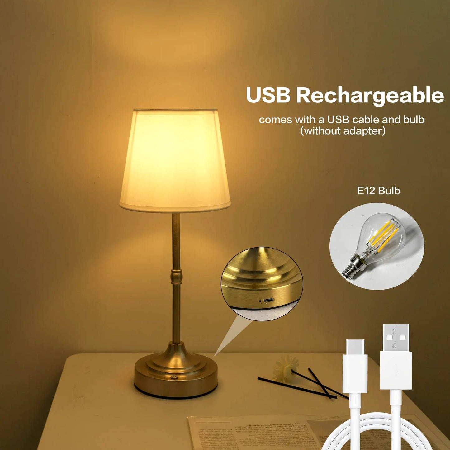 Rechargeable Cordless Table Lamp with Dimmable USB Charging