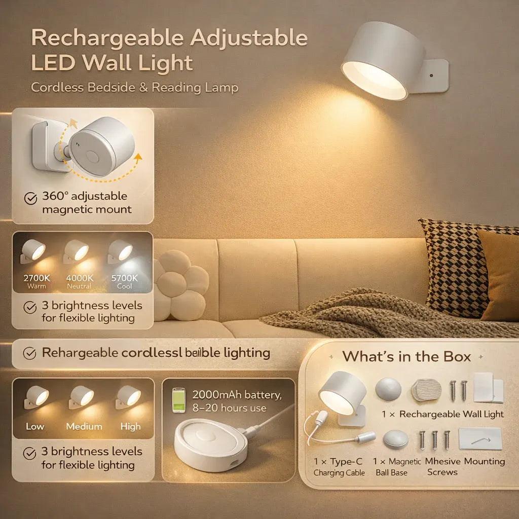 Rechargeable LED Wall Light with Adjustable Magnetic Mount