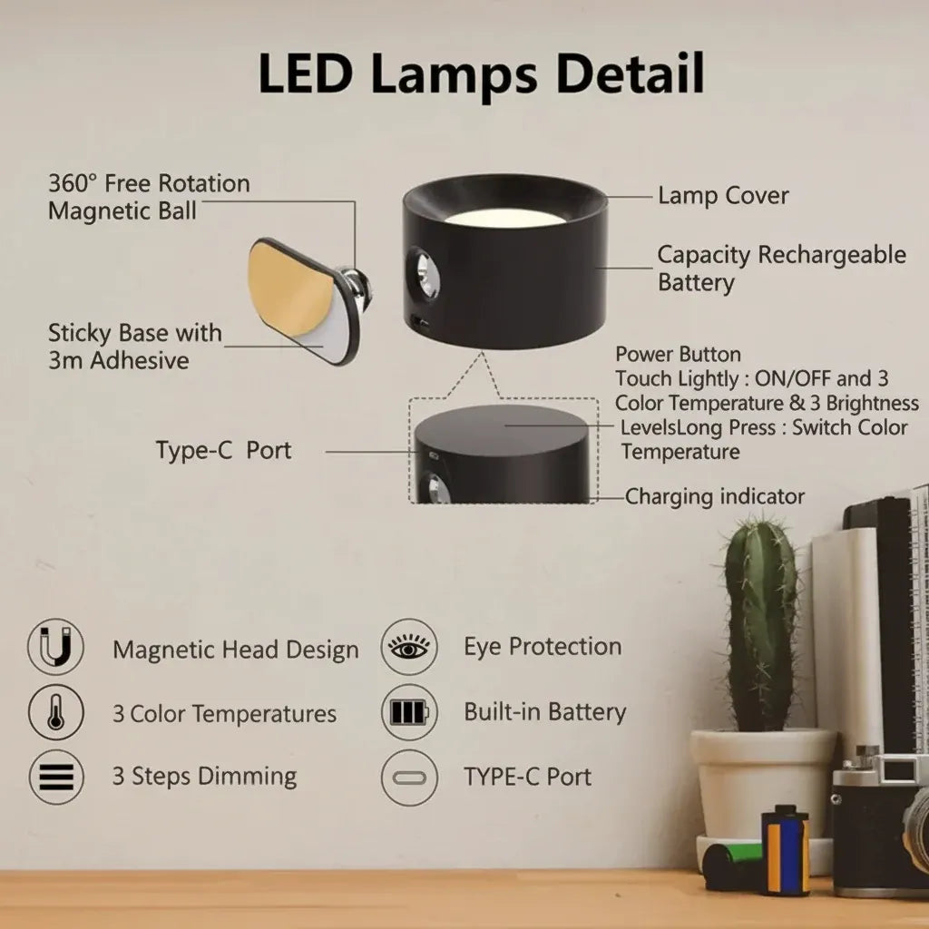 Rechargeable LED Wall Light with Adjustable Magnetic Mount