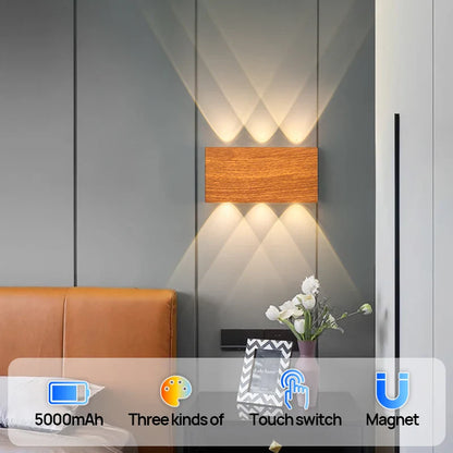 Rechargeable LED Wall Sconce with Minimalist Wood-Grain Finish