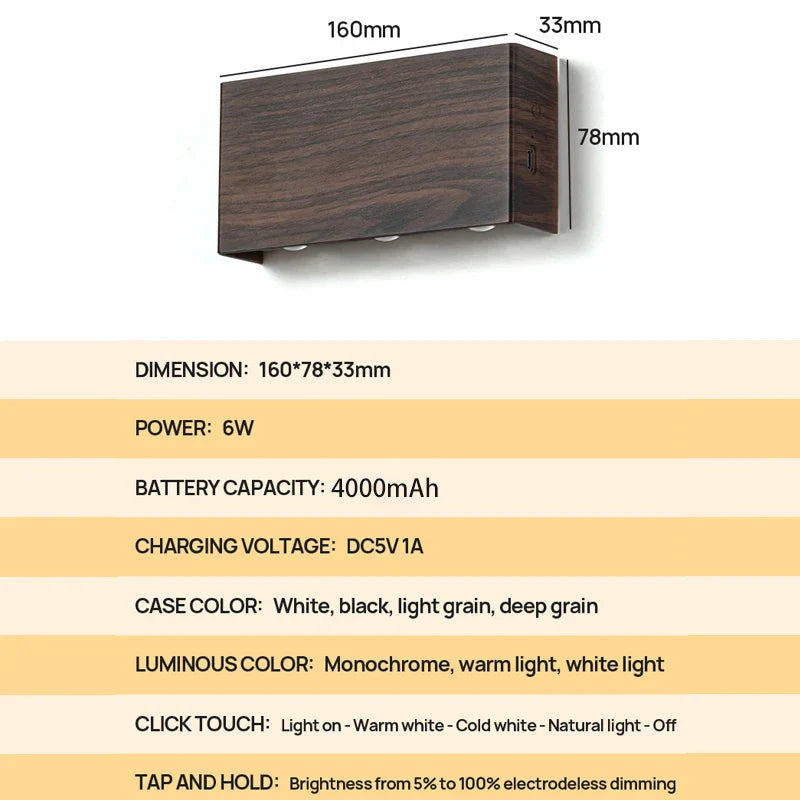 Rechargeable LED Wall Sconce with Minimalist Wood-Grain Finish