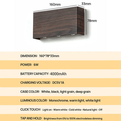 Rechargeable LED Wall Sconce with Minimalist Wood-Grain Finish
