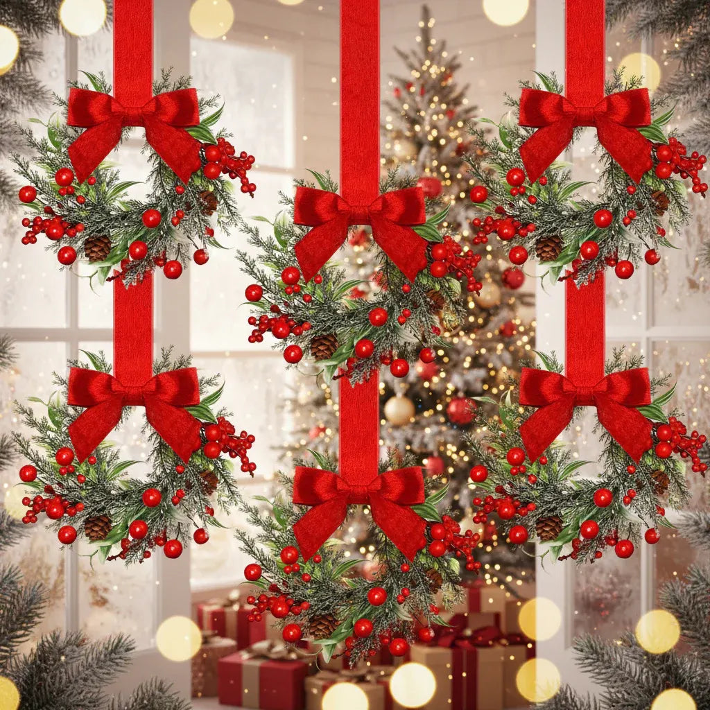 Red Bow Pinecone Christmas Wreath Holiday Hanging Decoration