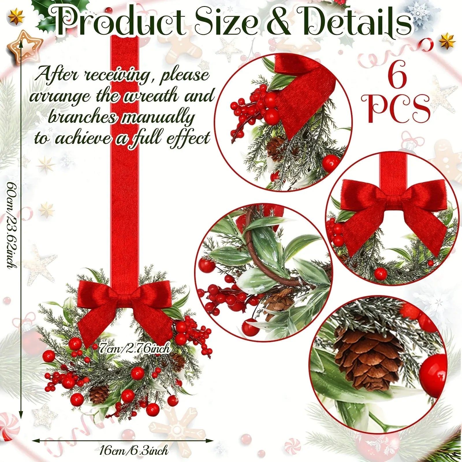 Red Bow Pinecone Christmas Wreath Holiday Hanging Decoration