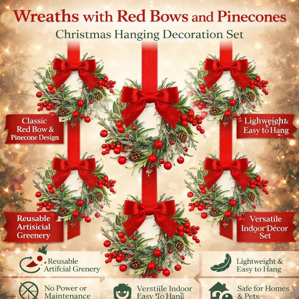 Red Bow Pinecone Christmas Wreath Holiday Hanging Decoration