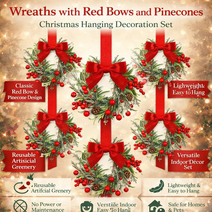 Red Bow Pinecone Christmas Wreath Holiday Hanging Decoration