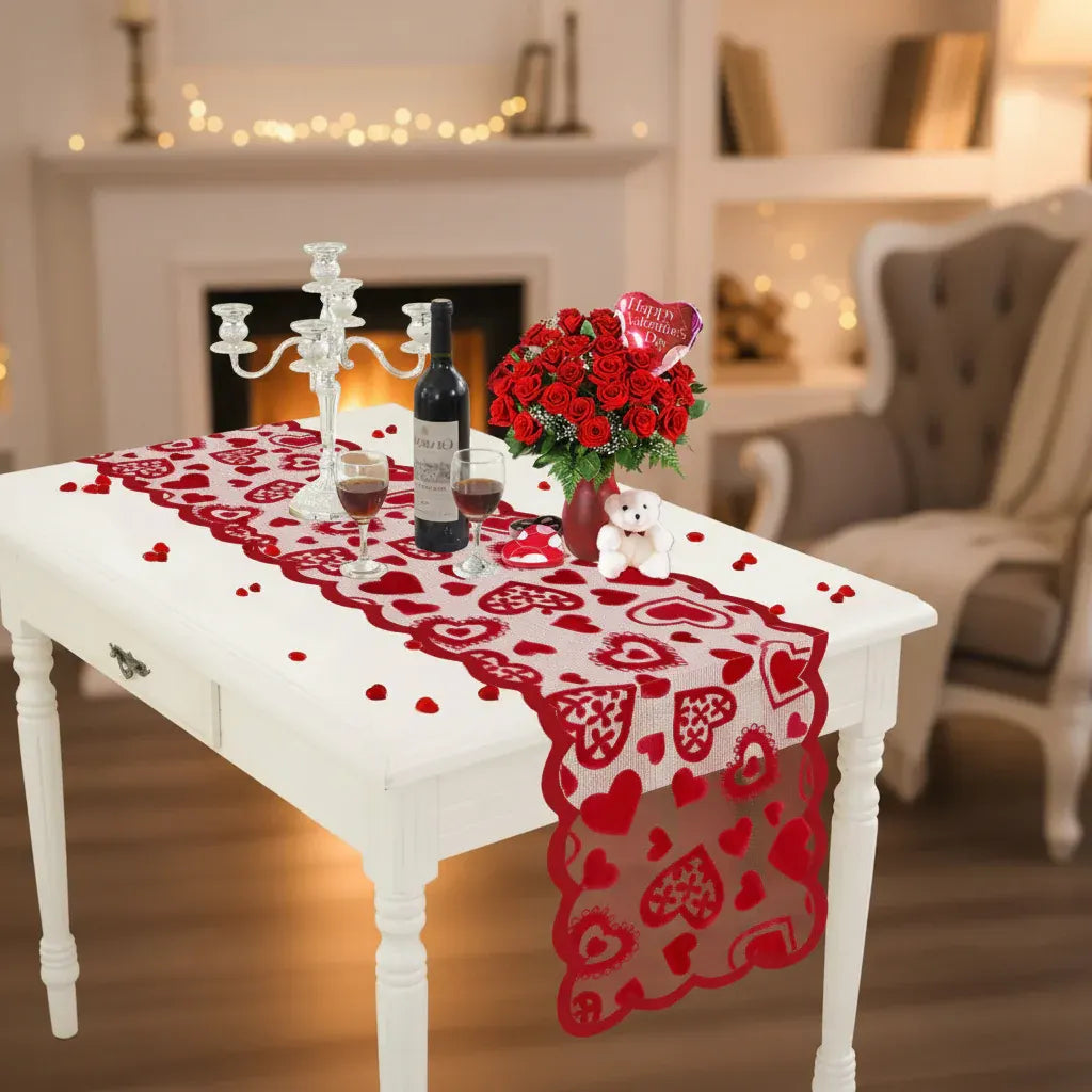 Red Heart Lace Table Runner - Romantic Valentine's Day Dining Decor